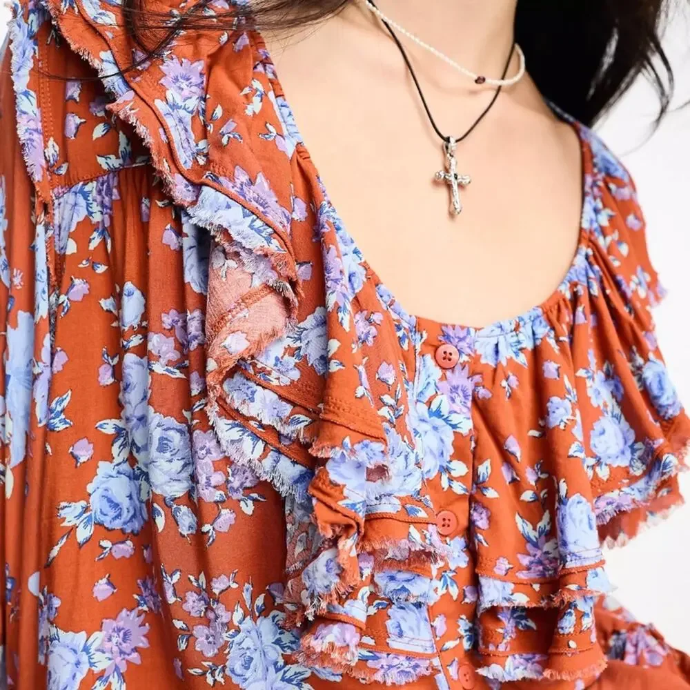 Free People Lorretta floral printed tunic top in multi tea combo Sz S